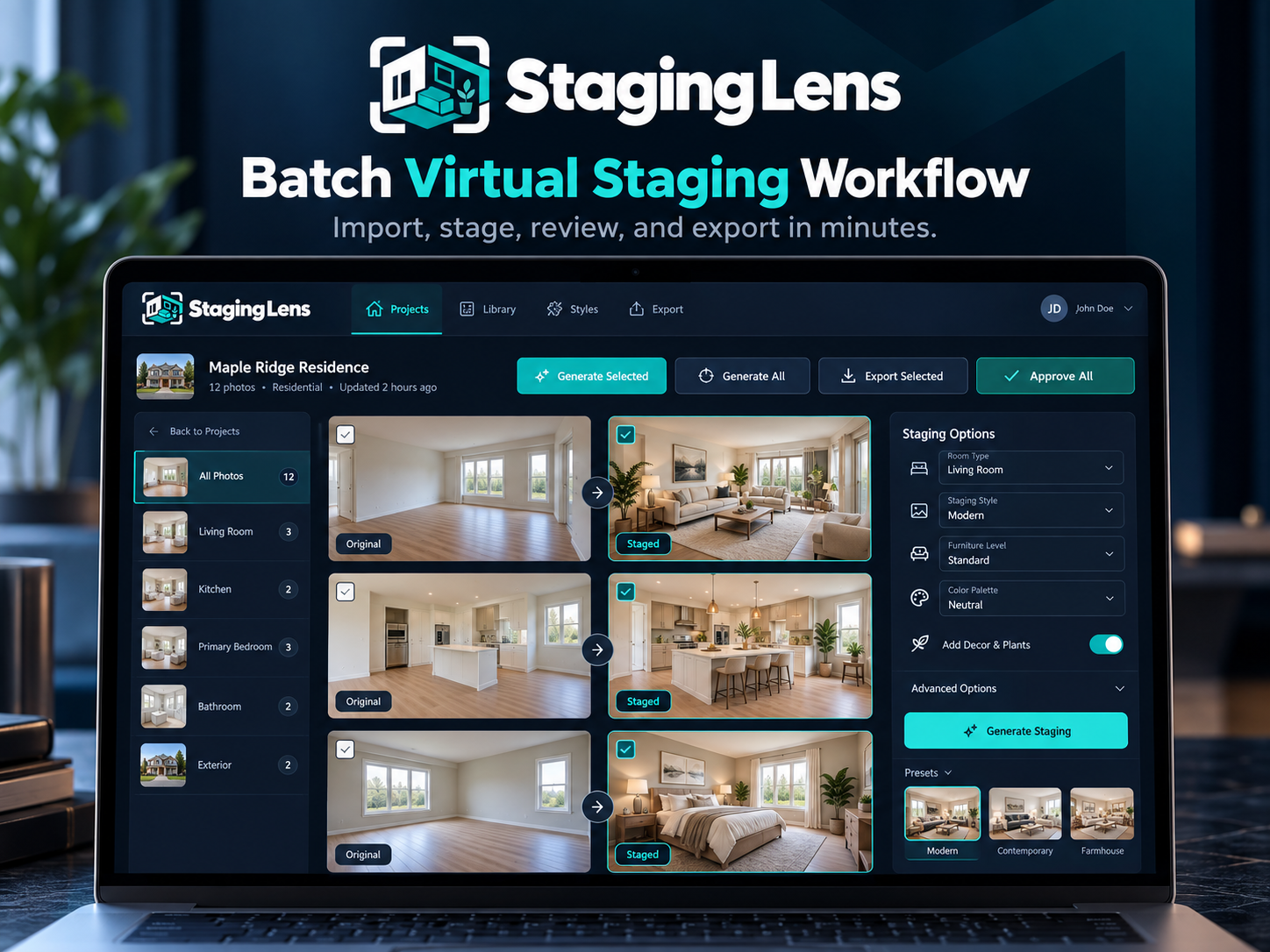 Concept image of a virtual staging workspace with original rooms beside furnished versions